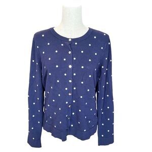 Charter Club Long Sleeve Button Up Polka Dot Cardigan Navy Blue/White Size Large
